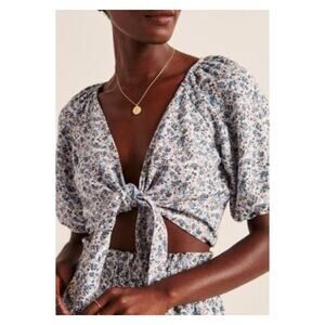 Abercrombie & Fitch Linen Blend Floral Tie Front Crop Bohemian Blouse Size S